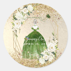 PixDezines Quinceanera H2 Emerald Green Dress Classic Round Sticker