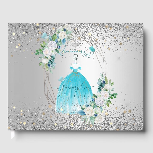PixDezines Quinceanera H2 Flowers Aqua Blue Dress  Guest Book (Front)