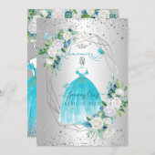 PixDezines Quinceanera H2 Flowers Aqua Blue Dress Invitation (Front/Back)