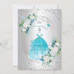 PixDezines Quinceanera H2 Flowers Aqua Blue Dress Invitation