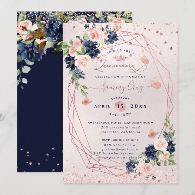 PixDezines Quinceanera H2 Flowers Blush Navy Invitation (Front/Back)
