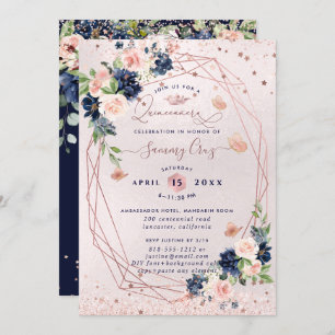 PixDezines Quinceanera H2 Flowers Blush Navy Invitation