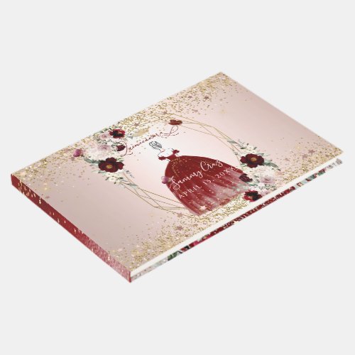 PixDezines Quinceanera H2 Flowers Burgundy Dress Guest Book