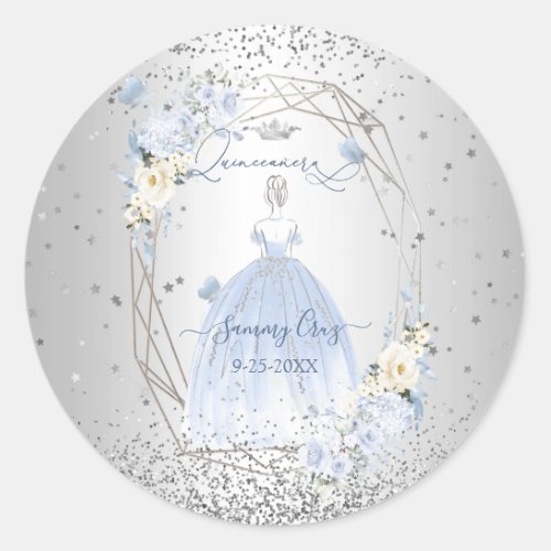 PixDezines Quinceanera H2 Flowers Dusty Blue Roses Classic Round Sticker