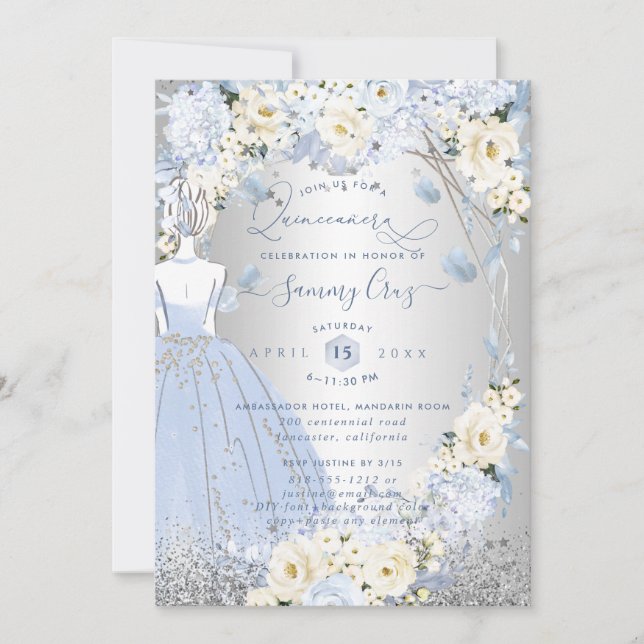 PixDezines Quinceanera H2 Flowers Dusty Blue Roses Invitation (Front)