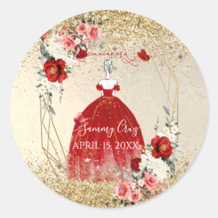PixDezines Quinceanera H2 Flowers Red Dress Classic Round Sticker