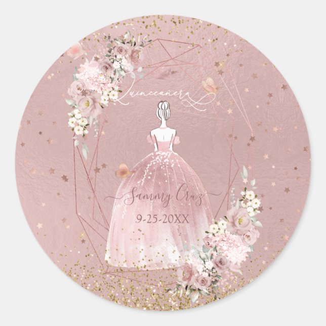 PixDezines Quinceanera H2 Rose Gold Dress Classic Round Sticker (Front)