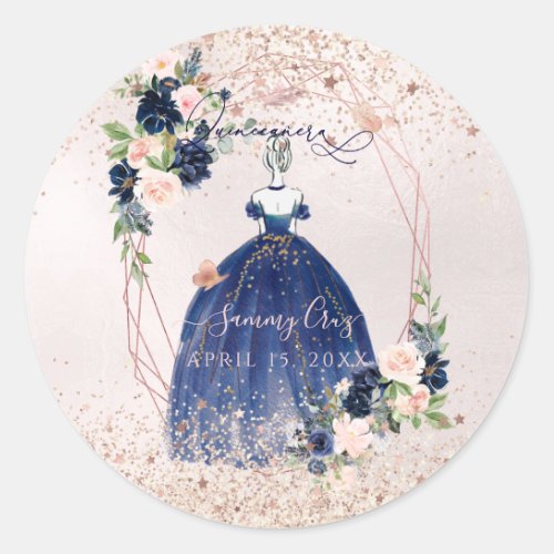 PixDezines Quinceanera Navy Rose Gold H2 Flowers Classic Round Sticker