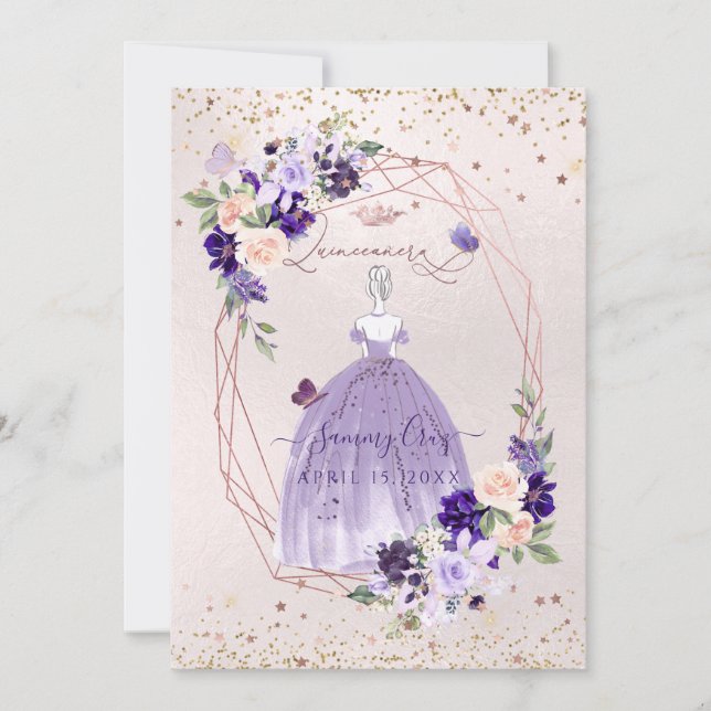 PixDezines Quinceanera Purple Rose Gold Flowers  I Invitation (Front)