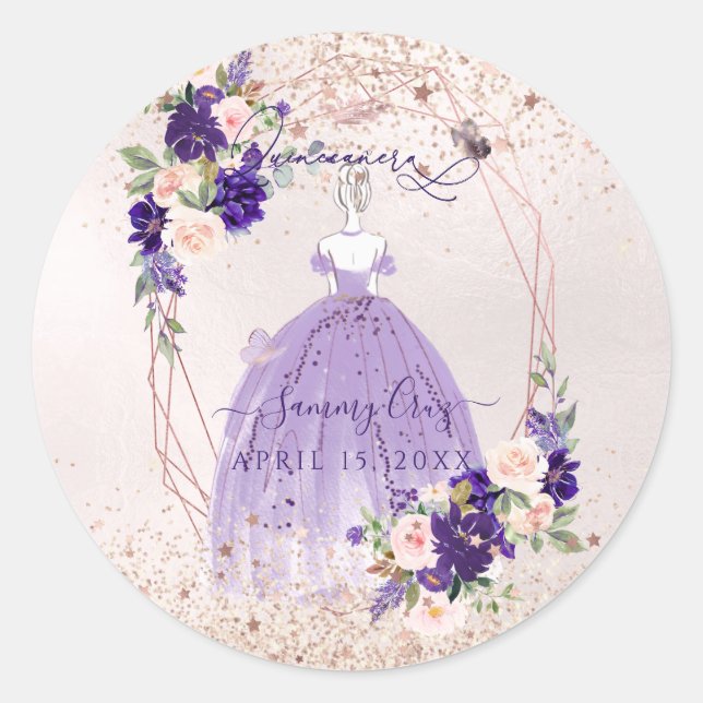 PixDezines Quinceanera Purple Rose Gold H2 Flowers Classic Round Sticker (Front)