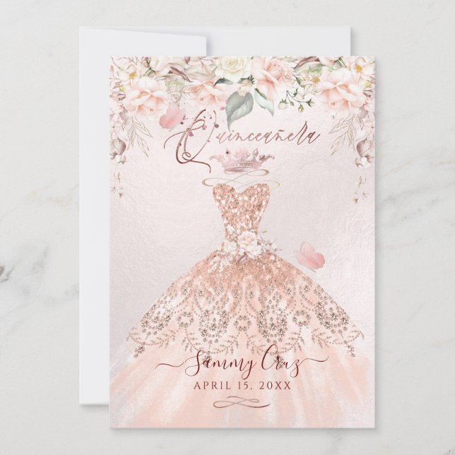 PixDezines Quinceanera Rose Gold Glitter Gown Invitation (Front)