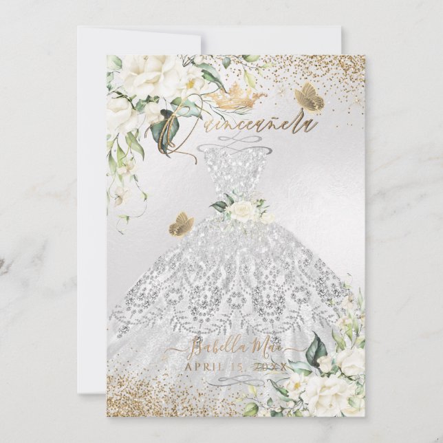 PixDezines Quinceanera Silver Dress Gold Glitter   Invitation (Front)