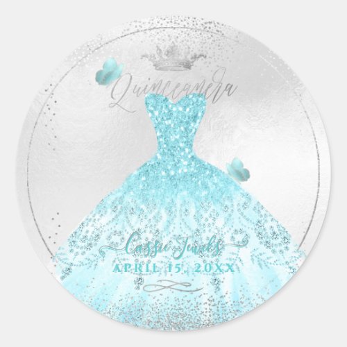 PixDezines Quinceanera Sparkle Blue Ombre Gown Classic Round Sticker