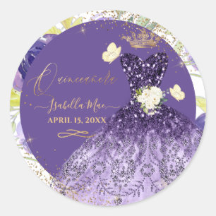 PixDezines Quinceanera Violet Purple Glitter Gown Classic Round Sticker