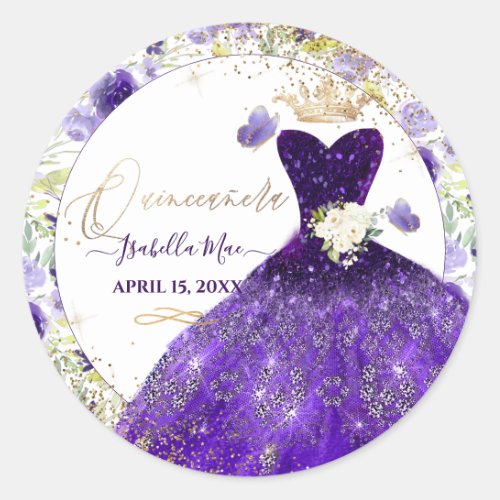 PixDezines Quinceanera Violet Purple Glitter Gown  Classic Round Sticker