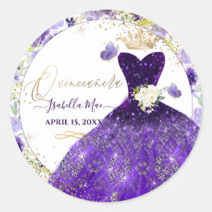PixDezines Quinceanera Violet Purple Glitter Gown Classic Round Sticker