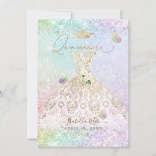 PixDezines Quinceanera White Gold Gown Butterflies Invitation