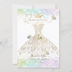 PixDezines Quinceanera White Gold Gown Butterflies Invitation