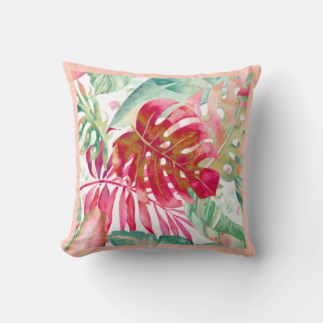PixDezines Red+Green Tropical Foliage Frame DIY Throw Pillow (Front)