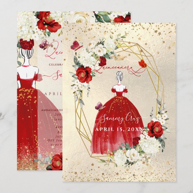 PixDezines Red  Quinceanera H2 Alabaster Roses Invitation (Front/Back)