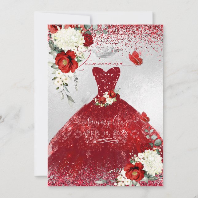 PixDezines Red Roses Quinceanera Dress Invitation (Front)