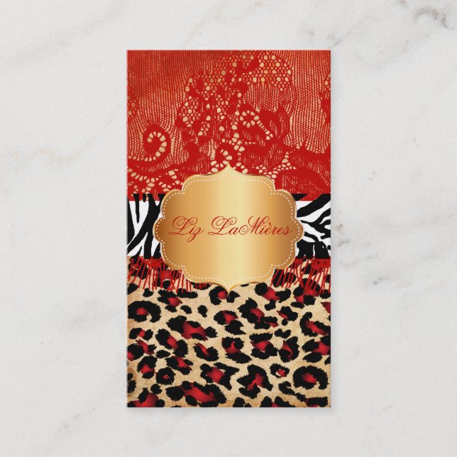 PixDezines red vintage lace+cheetah+zebra Business Card (Front)