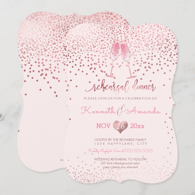 PixDezines Rehearsal Dinner/Bubbles+Pink Champagne Invitation (Front/Back)