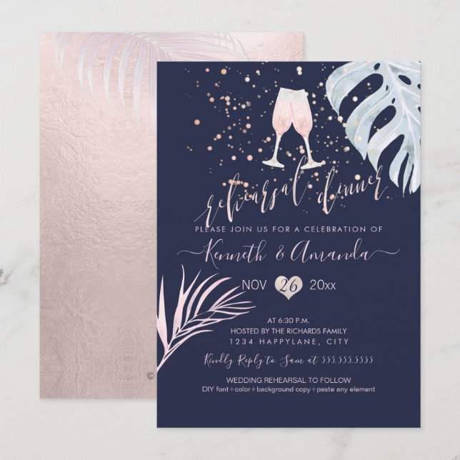 PixDezines Rehearsal Dinner/Pink Champagne+Palms Invitation (Front/Back)