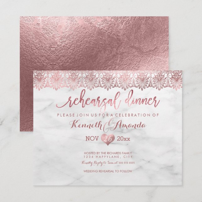 PixDezines Rehearsal Dinner/Rose Gold Lace/Marble Invitation (Front/Back)