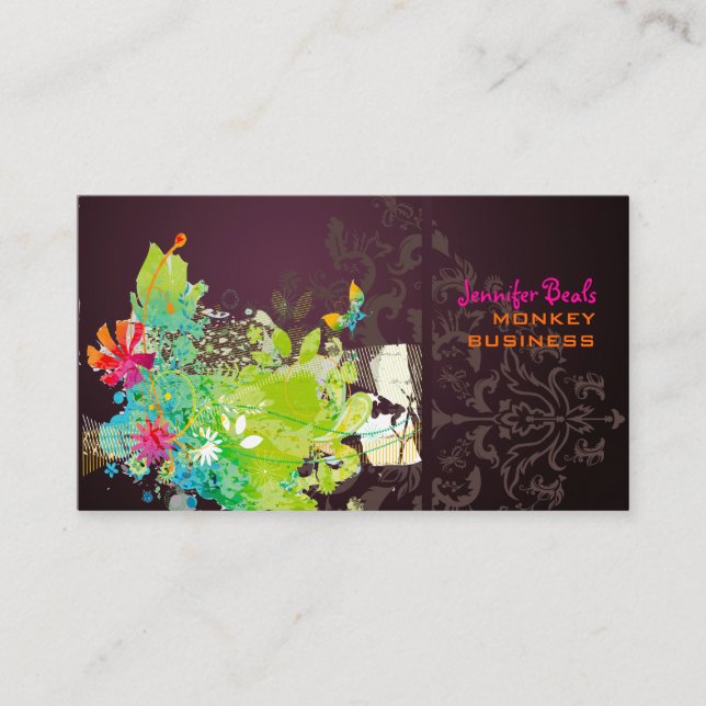 PixDezines retro floral + merlot Business Card (Front)
