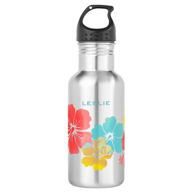 PixDezines retro hibiscus/digital watercolor Water Bottle (Front)