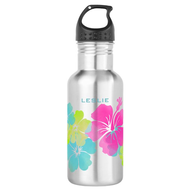 PixDezines retro hibiscus/digital watercolor Water Bottle (Front)