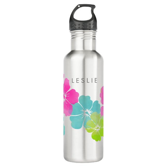 PixDezines retro hibiscus Stainless Steel Water Bottle (Front)