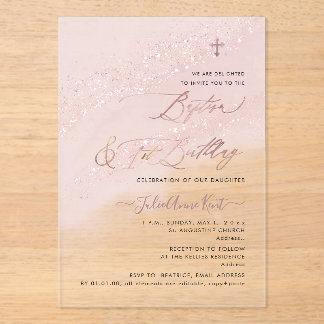PixDezines Rose Gold Baptism+1st Birthday Acrylic Invitations