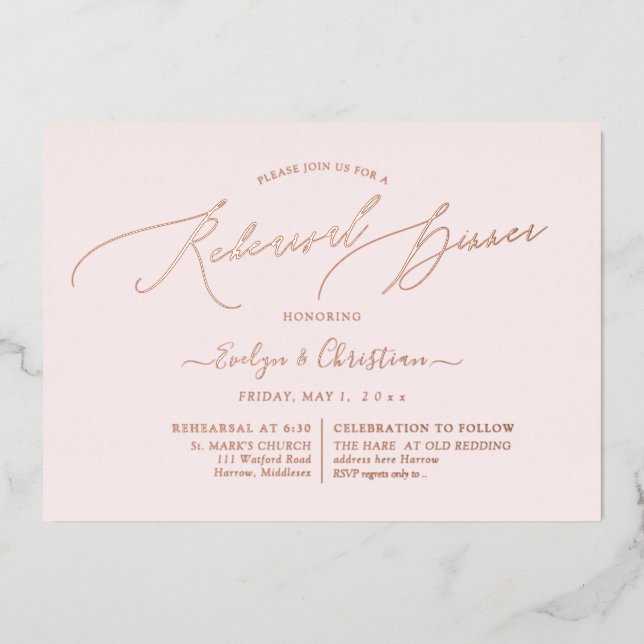 PixDezines Rose Gold Calligraphy Rehearsal Dinner  Foil Invitation (Front)