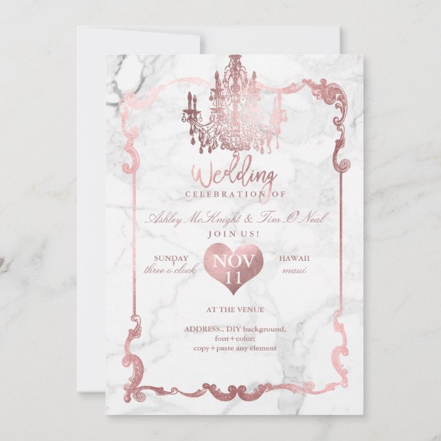 PixDezines Rose Gold Chandelier/Heart/Marble Invitation (Back)