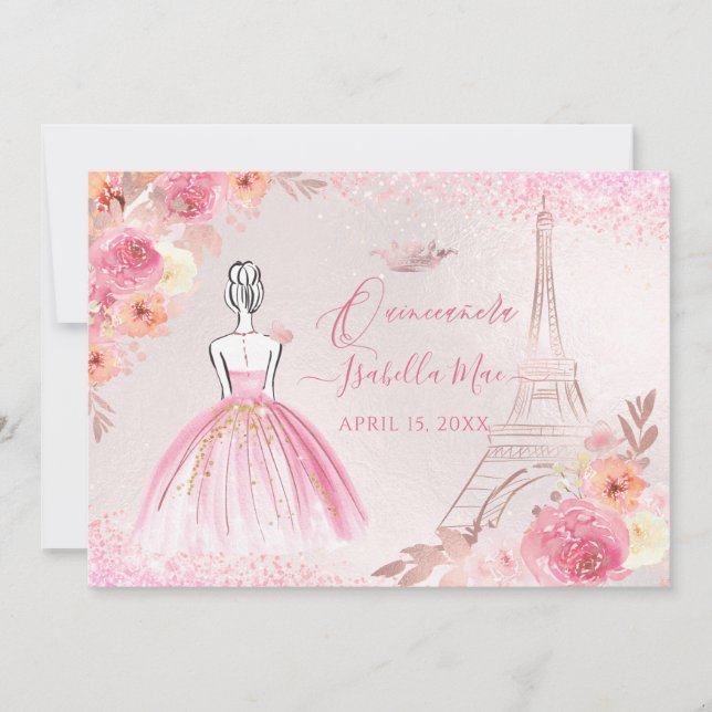PixDezines Rose Gold Eiffel Tower Quinceanera Invitation (Front)