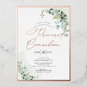 PixDezines Rose Gold Eucalyptus Primeira Comunhão Foil Invitation