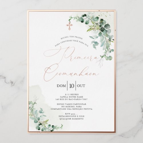 PixDezines Rose Gold Eucalyptus Primeira Comunho Foil Invitation