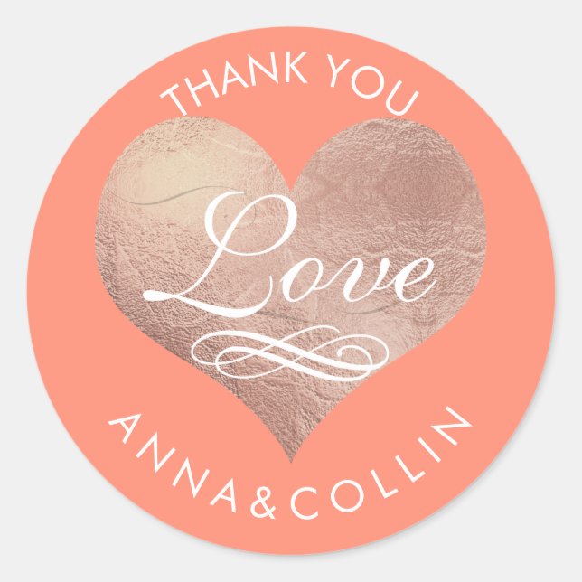 PixDezines Rose Gold/Faux Foil Heart/Thank You Classic Round Sticker (Front)