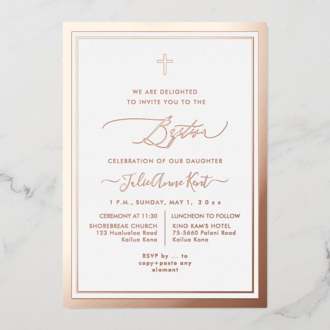 PixDezines Rose Gold Foil Baptism Invitation (Front)