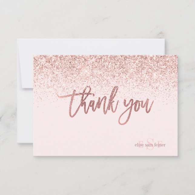 PixDezines Rose Gold Glitter Monogram Thank You Card (Front)