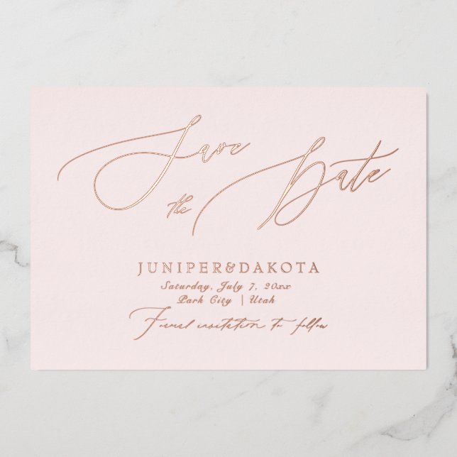 PixDezines Rose Gold Luxe Script Save the Date Foil Invitation (Front)