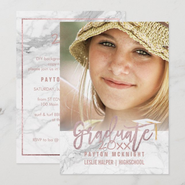 PixDezines Rose Gold/Marble Graduation Invitation (Front/Back)
