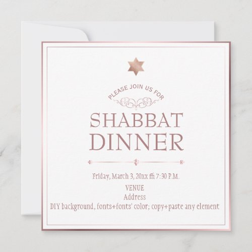 PixDezines Rose Gold Shabbat Dinner Invitation