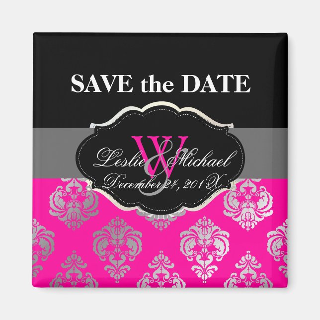 PixDezines Rossellini Damask, Faux Silver+Pink Magnet (Front)