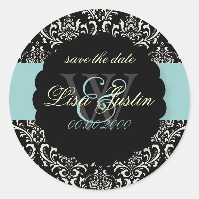 PixDezines Rossi Damask/Black+Blue Classic Round Sticker (Front)