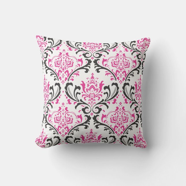 PixDezines rossi damask/pink+black Throw Pillow (Front)