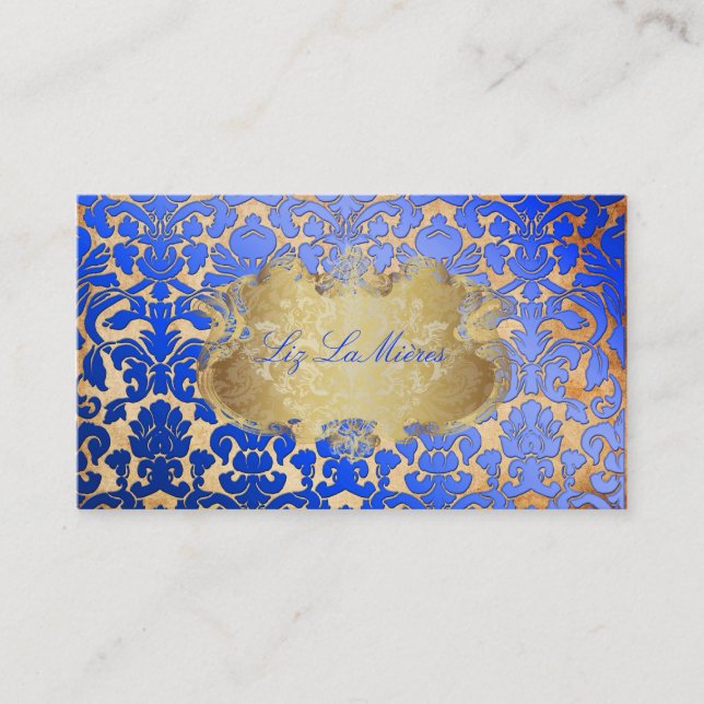 PixDezines royal blue flora damask/faux parchment Business Card (Front)