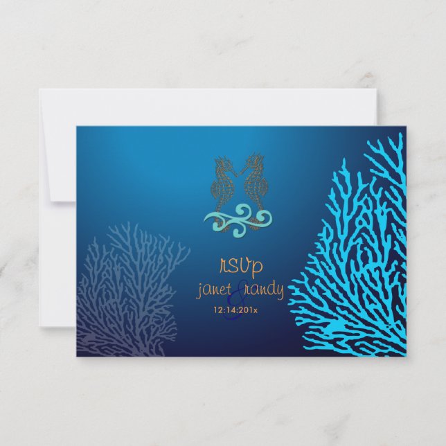 PixDezines rsvp Blue Coral+Seahorse, beach party Card (Front)